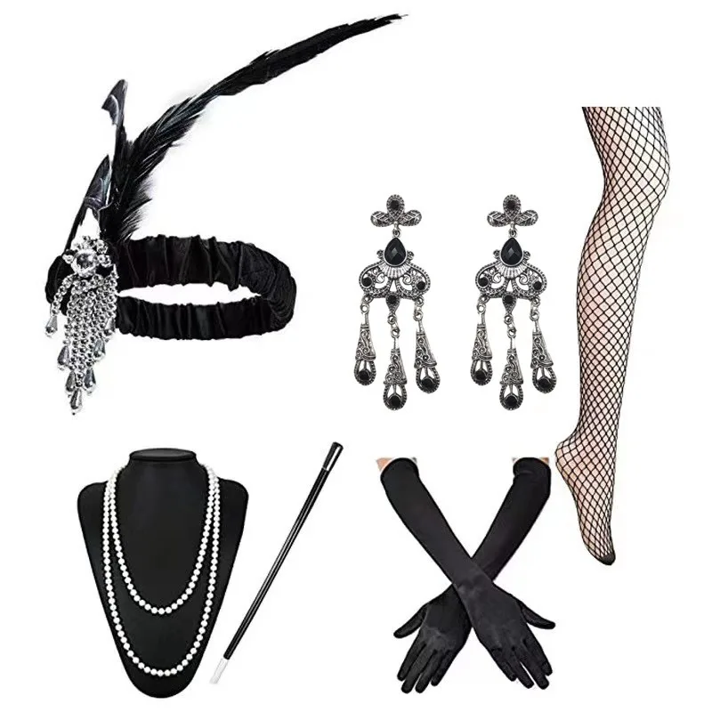 Vintage Flapper Party Set Feather Headpiece Long Necklace Gloves Cigarette Holder Costume