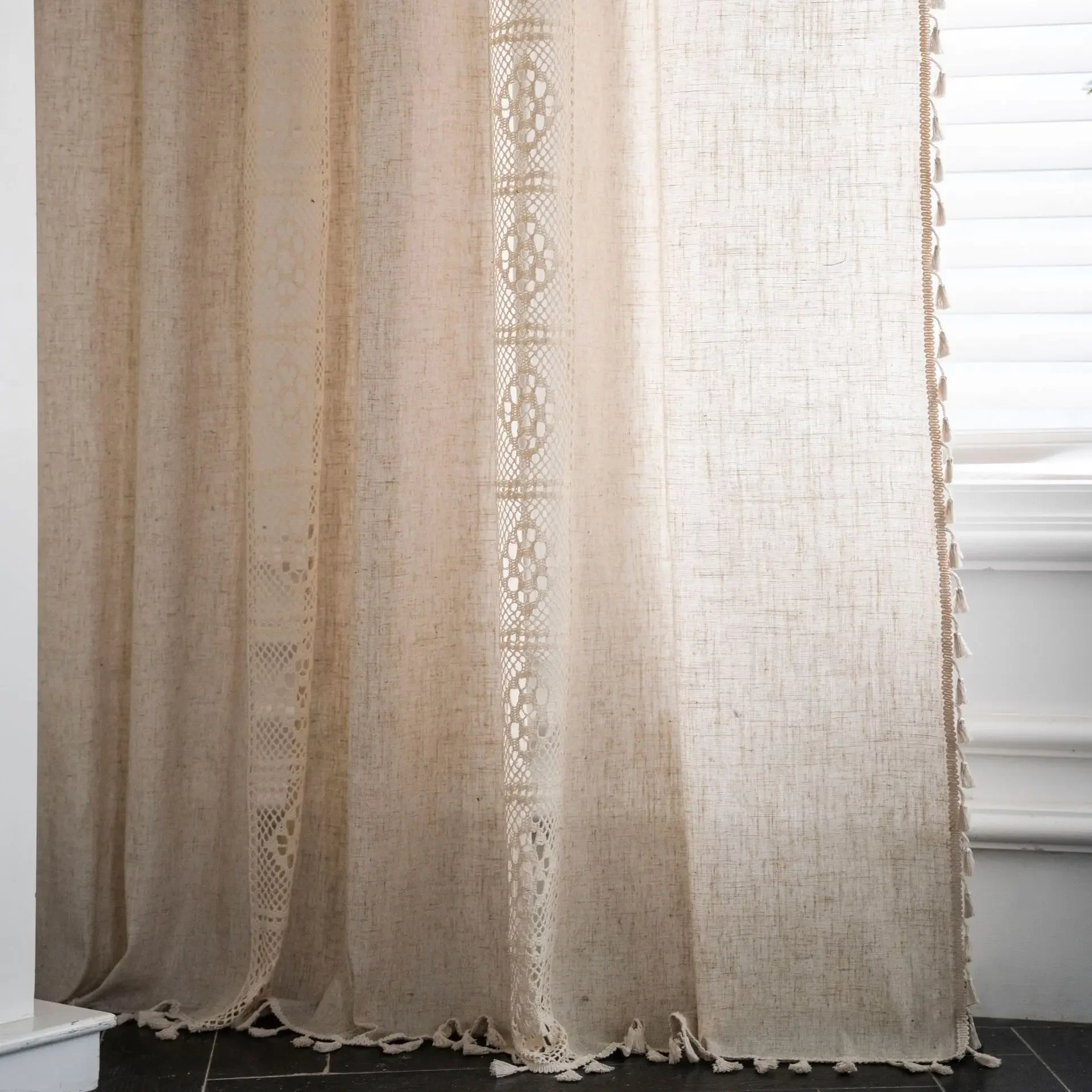 Linen Blending Jute Lace Curtains Road Pocket Shade Curtain Tassel for Kitchen Bedroom Living Room Bay Window Cabinet Curtain