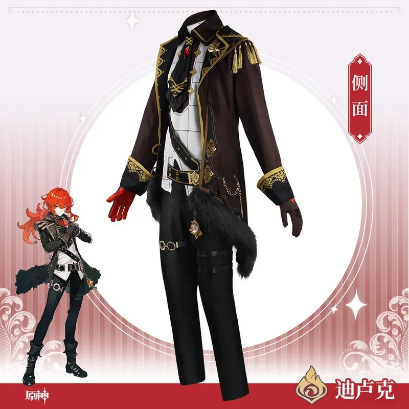 

az15GenshinImpact Diluc Uniform Shoes Wig Anime Diluk Ragnvindr Cosplay Halloween Costume For Men Game