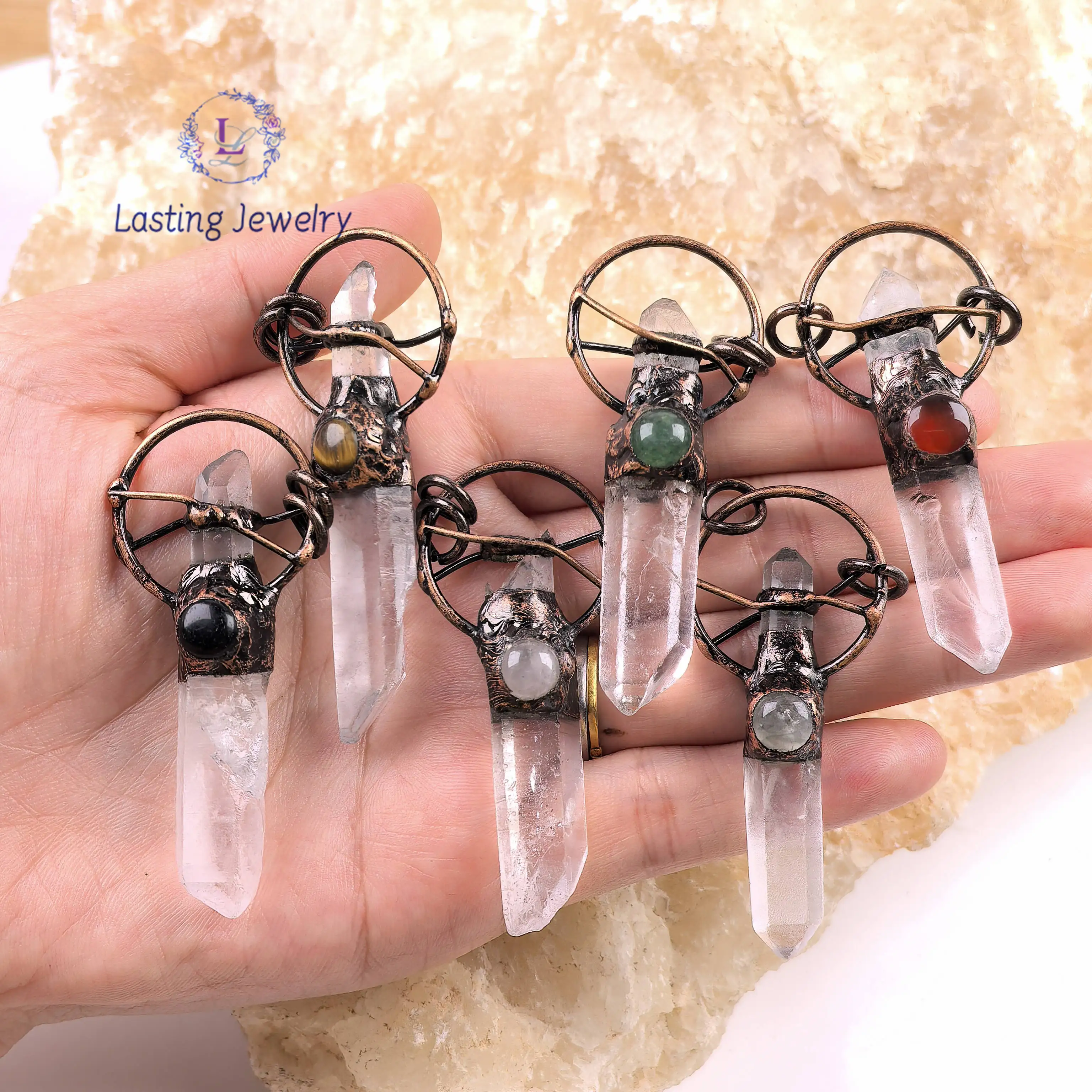 

Raw Crystal Point Anitque Copper Pendants,Soldered Bronze Tiger Eye Agate Quartz Obsidian Charms Necklace DIY Vintage Jewelry