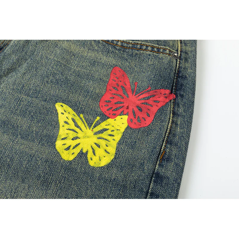 2024 fall new high-end retro loose straight men's jeans personalized butterfly print men and women with the same models