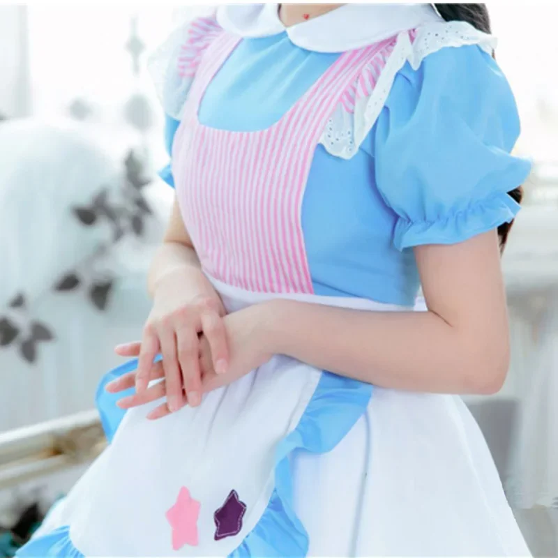 Azul alice lolita sino vestido de empregada trajes cosplay terno bonito para meninas mulher garçonete festa trajes palco uy6353