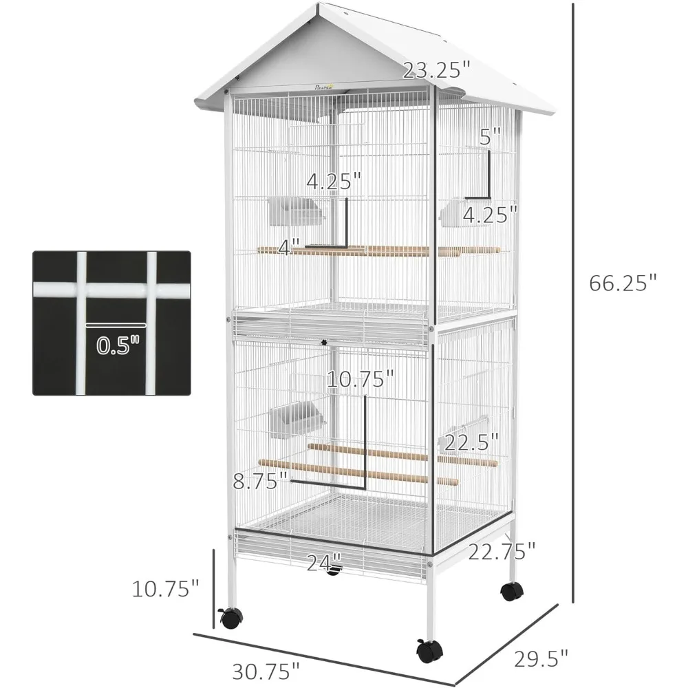 

Wrought Metal Bird Cage Feeder with Rolling Stand Perches Food Containers Doors Wheels 67" H, White