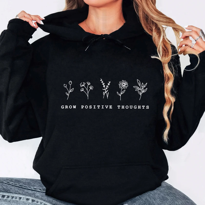 Grow Positive Thoughts Hoodie Cute Wildflowers Inspirational Slogan Sweater Vintage Mental Health Matters Hooded Sweatshirt