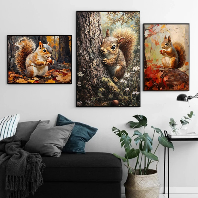 Lively And Dynamic Forest Elf Squirrel Oil Painting Art Poster Canvas Printing Cabin Bedroom Wall Decoration Painting Frameless