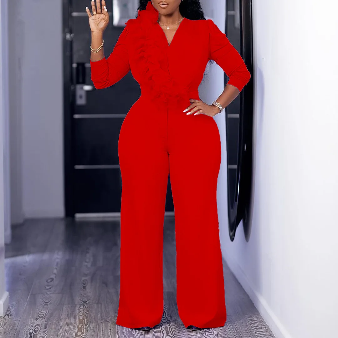 Elegant Women Jumpsuits Autumn Plus 3XL Ruffled Jumpsuits for Party Stright Wide Leg Pants High Waist Female Playsuits