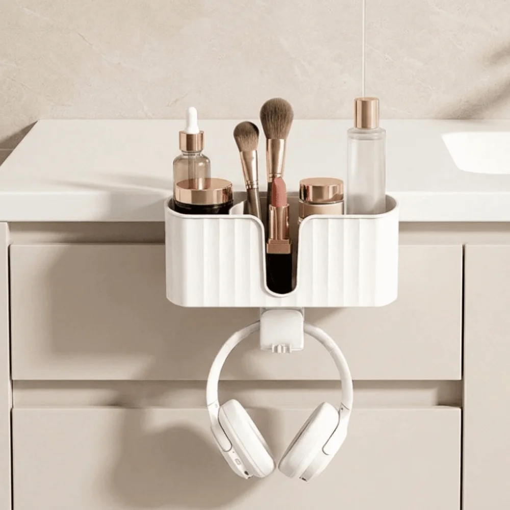 Plastic 4 in 1 Desk Headphone Hanger Space Saving Detachable Clip-on Pen Cup Holder with 2 Wire Holes Desk Organizer