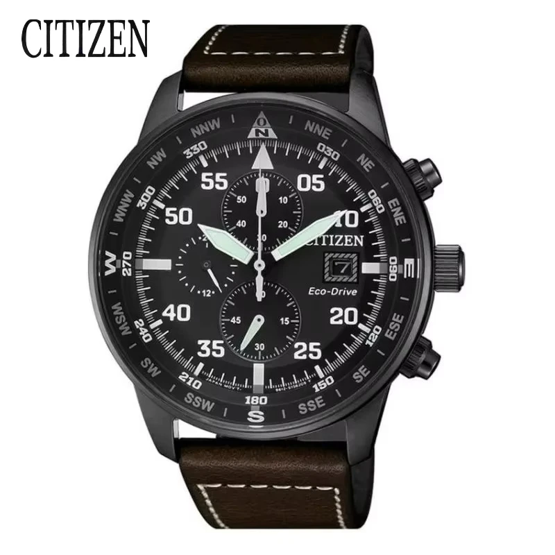 Citizen Eco-Drive CA0695-17E Chronograph 44mm Black Dial IP Black Case Brown Leather Strap 100M WR B612