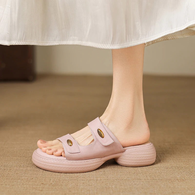 

Cow Leather Platform Flat Slippers Summer Chunky Open Toe Women‘s Sandals Velcro Straps Dressy Casual High Heels