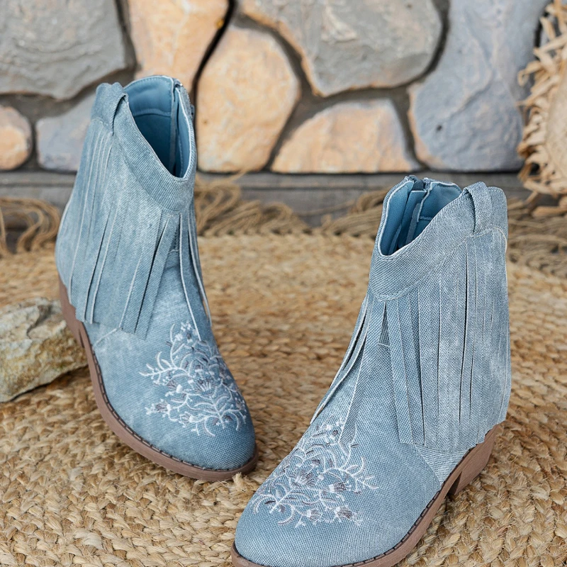 

Kids' Denim Fringe Embroidered Ankle Boots Comfortable Kids Fashion Trendy Girls Mid-calf Casual Princess Western Boots
