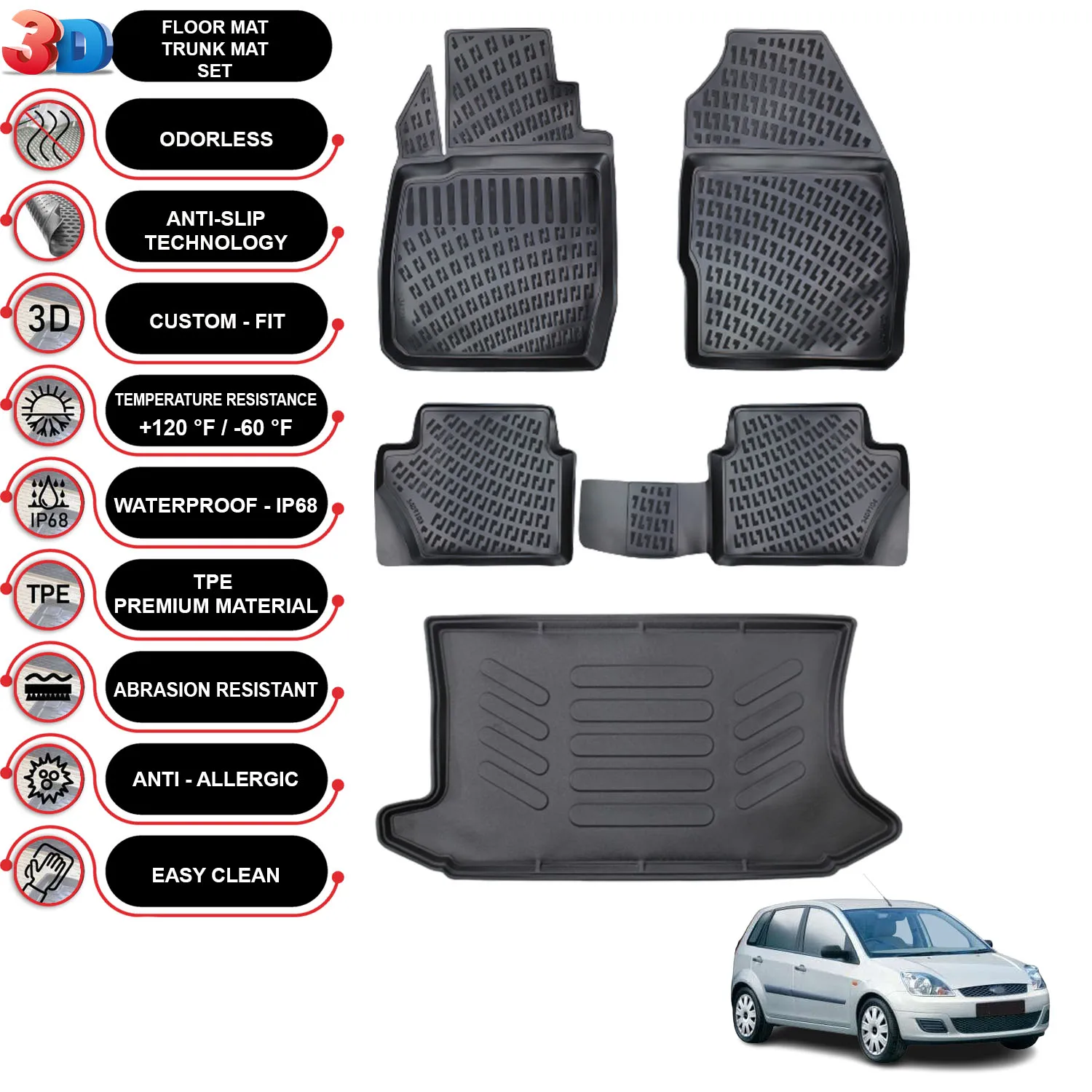 

Ford Fiesta HB - (2002-2008) - Floor Mats + Cargo Trunk Liner - SET - (Black)