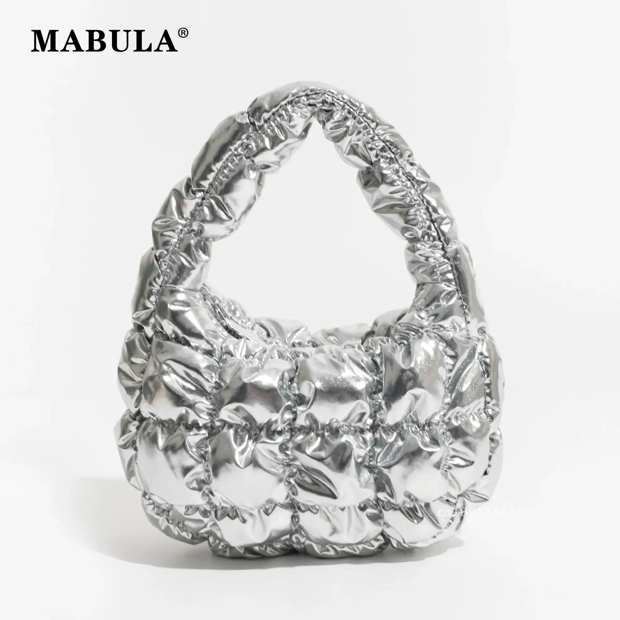 

MABULA Mini Brand Puffer Wrist Handbag Trend Bubble Shape daily Women Bag Padded Pouch Silver Purse Tote Cloud Clutch