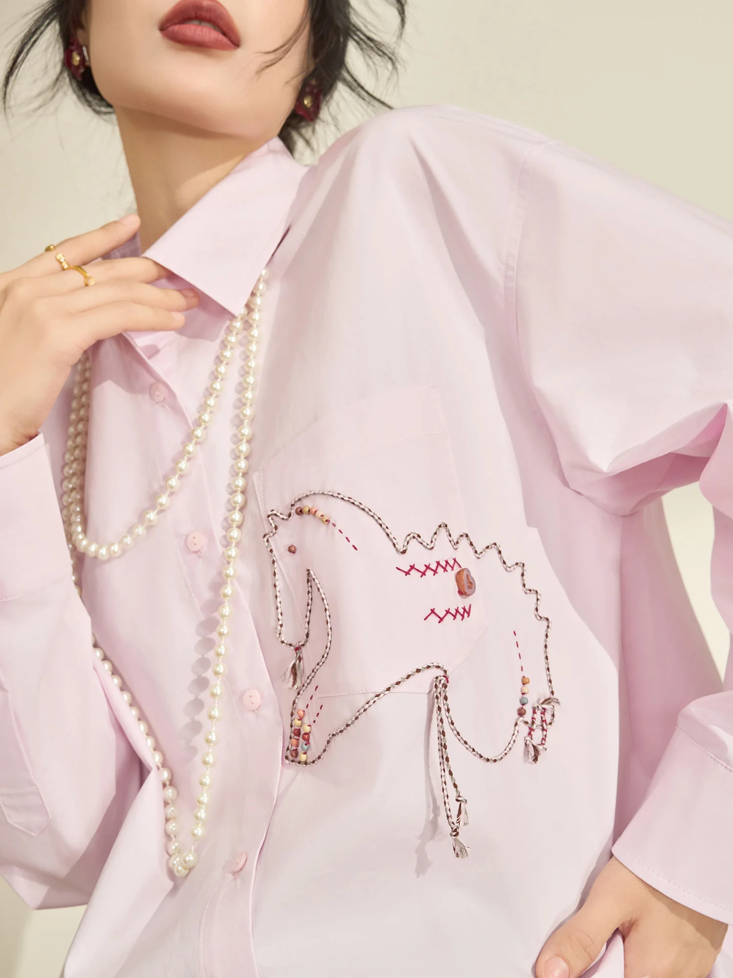 

Unique Beautiful Pink Embroidered irt Women's Spring New Sle Flowing Era Design Sense Small ence Long Sve Blouse
