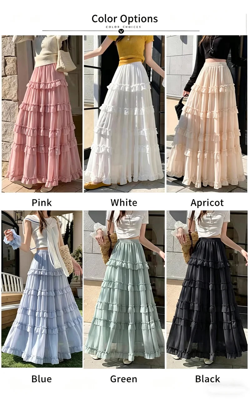 

Plus Size Skirt For Women Summer Skirt Elastic Waist A-Line Long Skirt Beach Chiffon Maxi Skirt Korean Lolita Party Skirts