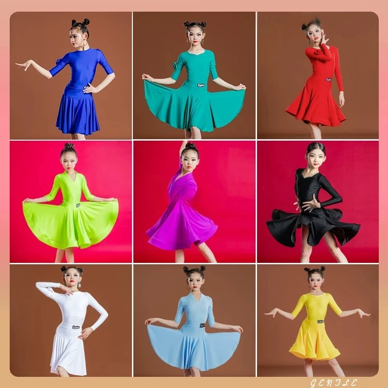 

Lolita Style Kids Long Sleeve Latin Dance Dress Spring Summer Professional Competition Regulation Costume Children Ballroom