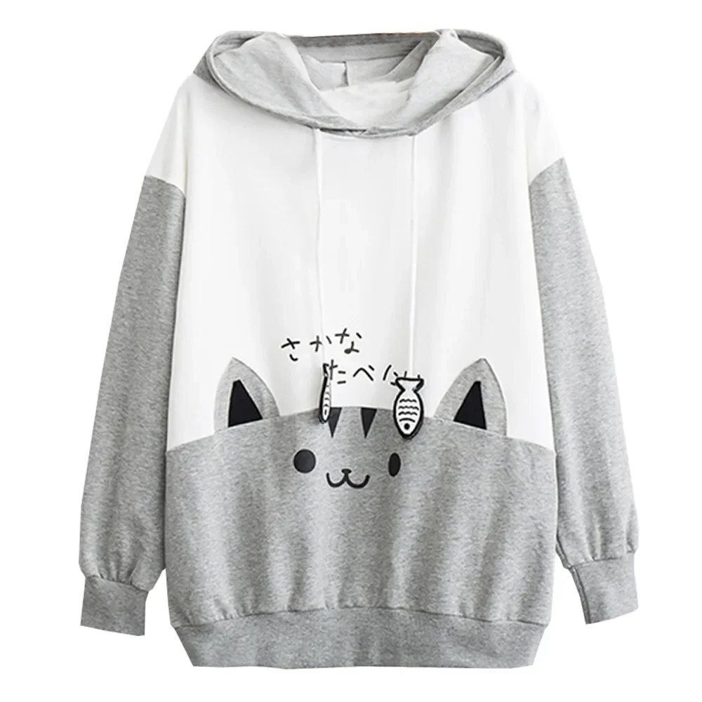 Y2K Cartoon Cat Hoodie for Women Harajuku Style Long Sleeve Sweatshirt Casual Streetwear Pullover with Drawstring Hood