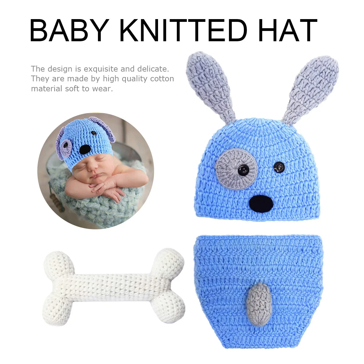 3 قطع ملابس محبوكة على شكل جرو للأطفال حديثي الولادة شورت محبوك يدويًا تصميم رائع مادة القطن أزرق فاتح