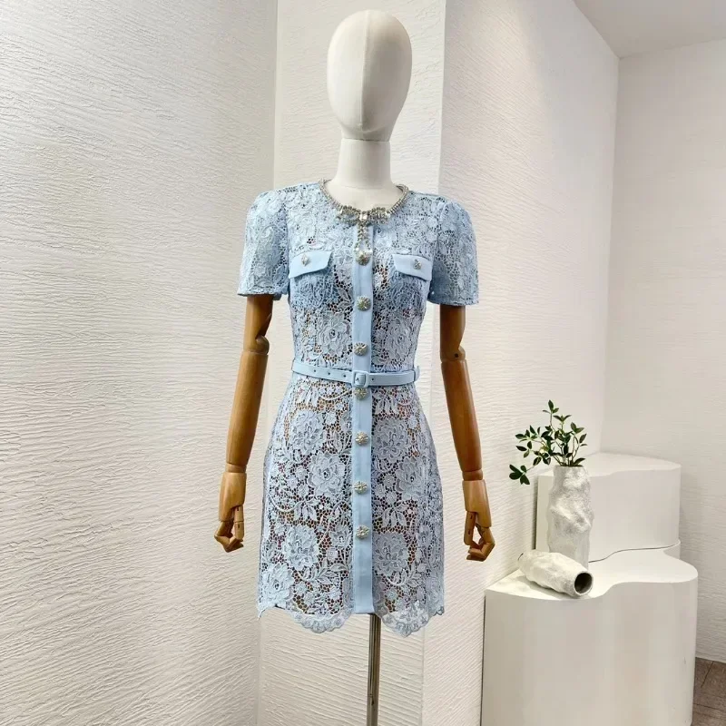 Women Lace Patchwork Floral Mini Dress Sky Blue Short Sleeve O-neck Belted Chic Elegant Female Dresses for Party Top Quality