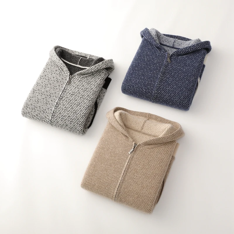 Fashion Sweaters Men's Pure Wool Cardigan Hoodie Jacquard Sweater Coat Zipper Up Knit Cardigans Thick Male Outerwear Hooded Top