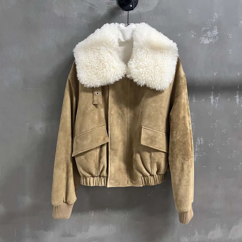 Short down jacket Suede leather women coat winter thick warm big real sheep wool collar clothes high quality