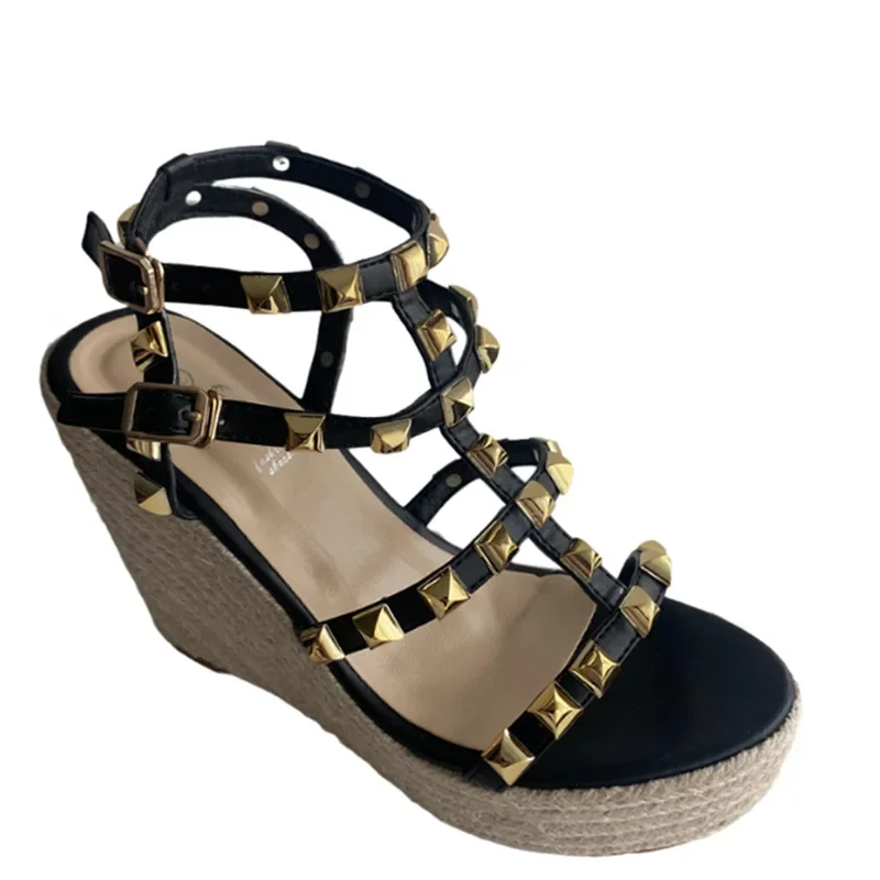 Open Toe Ankle Buckle Strap Ladies Platform Wedges Sandals Rivet Wedges Women Sandals High Heels Roman Rattan Grass Shoes