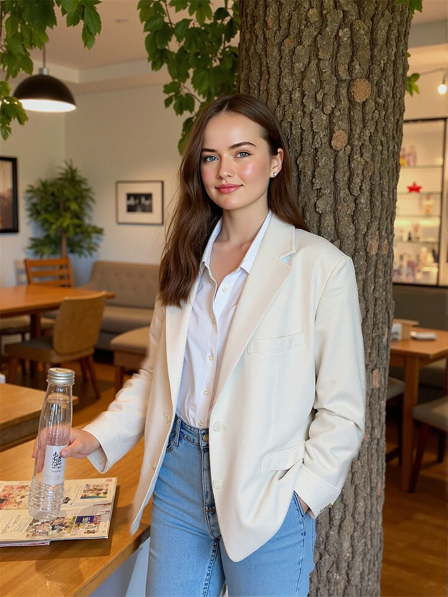 

White Women'S Evening Suit Three-Button Sunscreen Badge Western Fine Slash Snap-Button Hooded Drapey Geometrical Jacquard Fitted