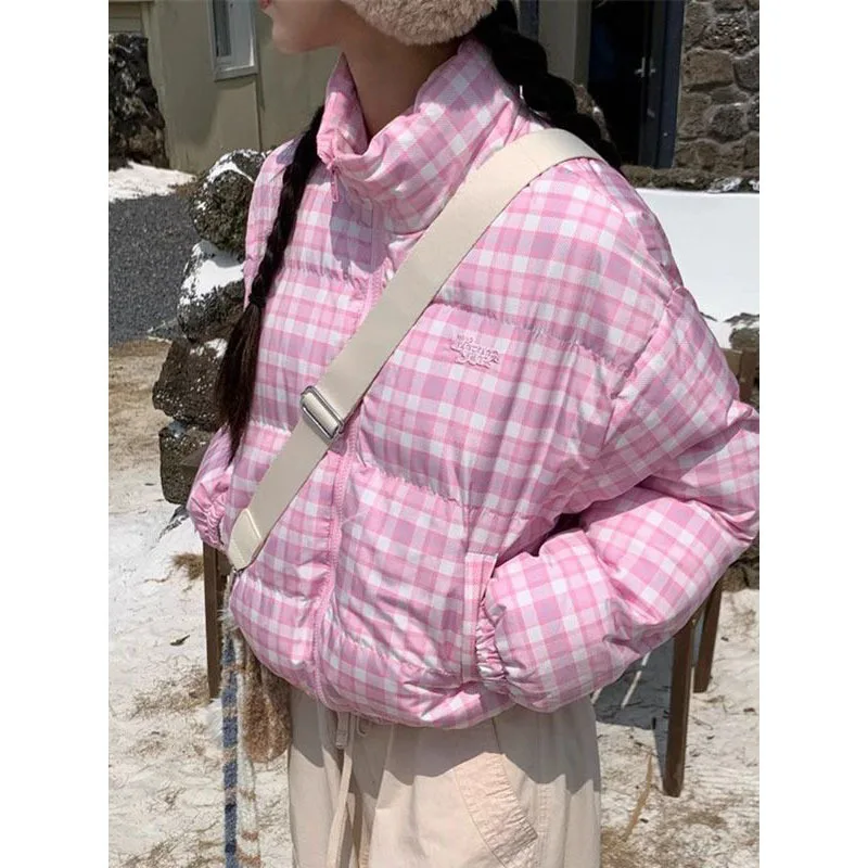 

Stand Collar Plaid Cotton Jacket for Female Students 2025 New Winter Pink Casual Thickened Warm Cold-Proof Cotton Coat