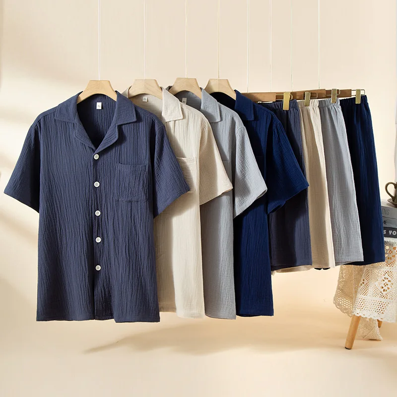 

2026 Spring/Summer Men's Pajama Set 100% Cotton Crepe Short Sleeve Shorts Two Piece Set Lightweight Breathable Home Clothes