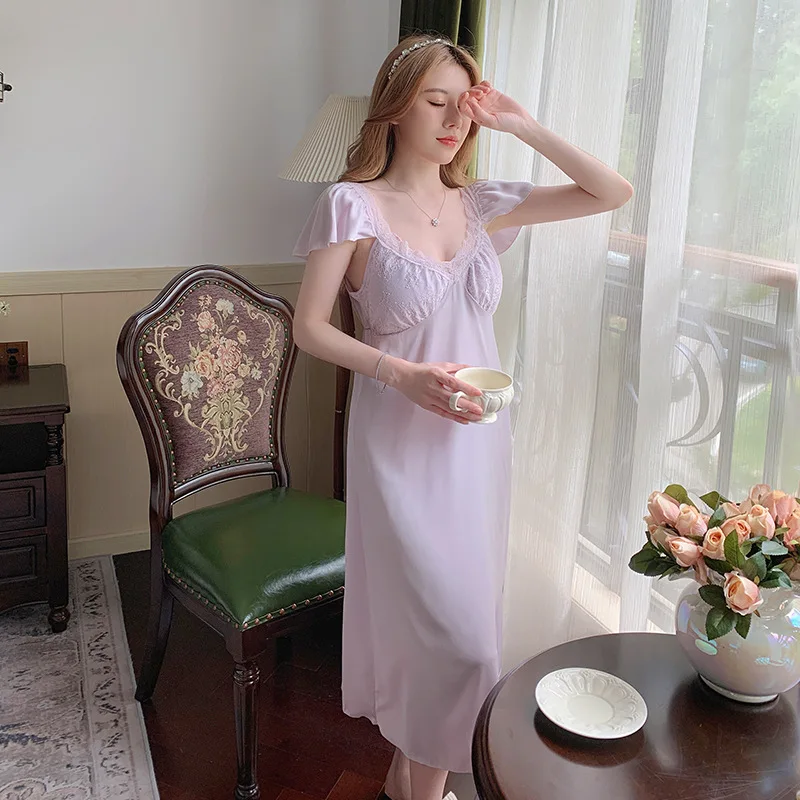 Princess Style Long Nightdress Sleepwear Satin Lace Patchwork Home Clothing Nightwear Women Loungewear Homewear Nightgown