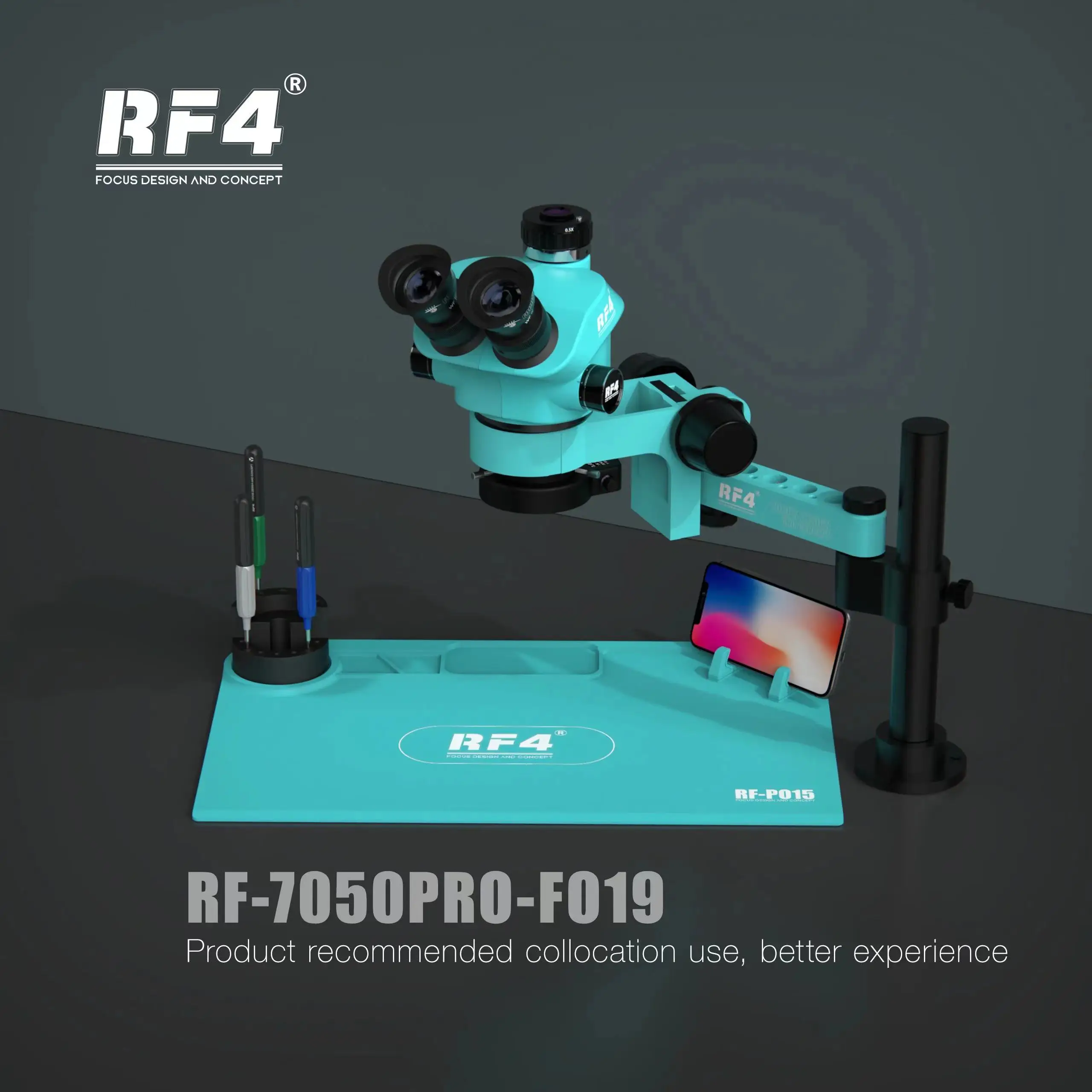 RF4 Trinocular Stereo Microscope Precise Locking Magnification Zoom ，360 ° Rotation Adjustable Swing Arm Universal 7050PRO-F019