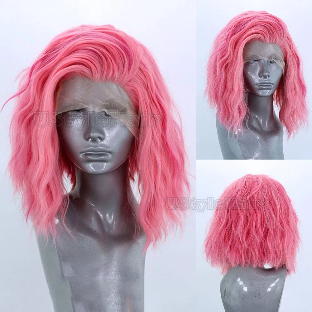 

Розовый Короткий Вьющийся Парик 13x4 Парики Фронта Шнурка для Женщин Боб Волна Синтетические Волосы Натуральные Волосы Бесклеевые Парики Для Повседневного Ношения Косплей