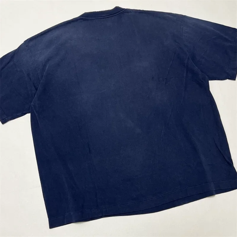 Saint Michael Washed Blue T-Shirts Men Women 1：1 Best Quality Skull Lightning Destruction Short Sleeves