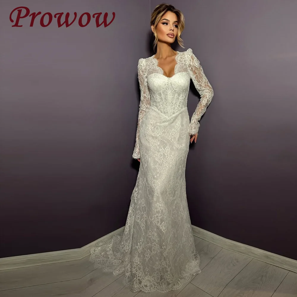 

Prowow Modest Lace Mermaid Wedding Dresses Puffy Full Sleeves V Neck Bridal Gowns Customized Floor Length فساتين زفاف