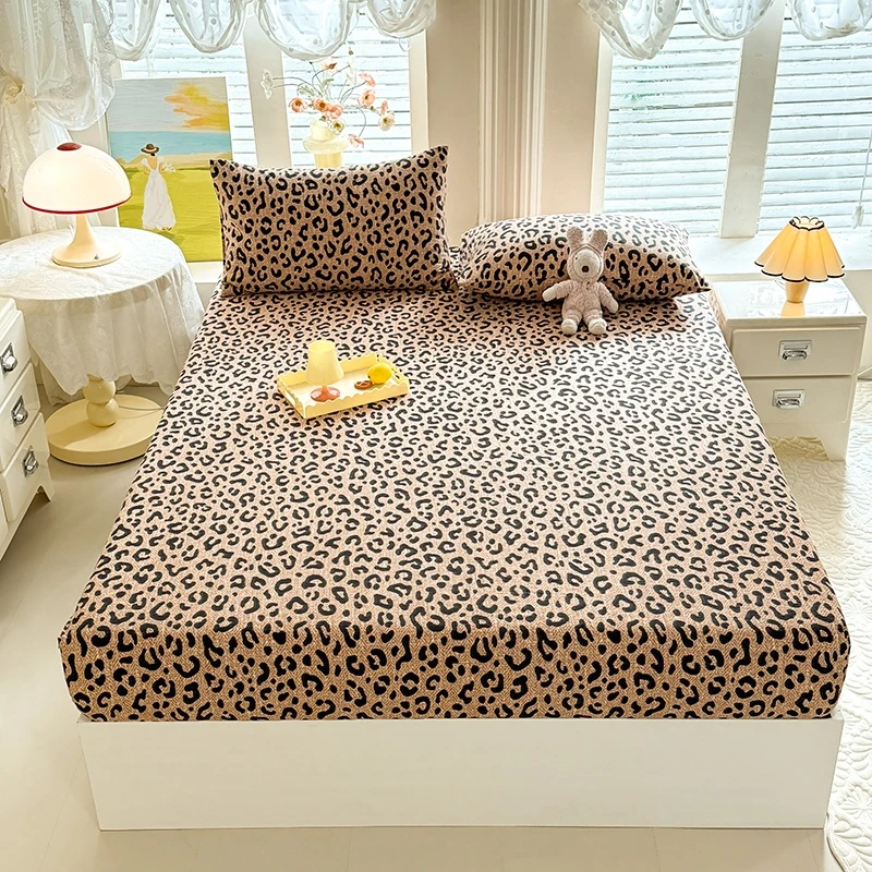 Retro Brown Leopard Pattern Fitted Sheet Set 2Pcs Pillowcases All-Round Elastic Bed Sheet Wrinkle Resistant Mattress Protector,