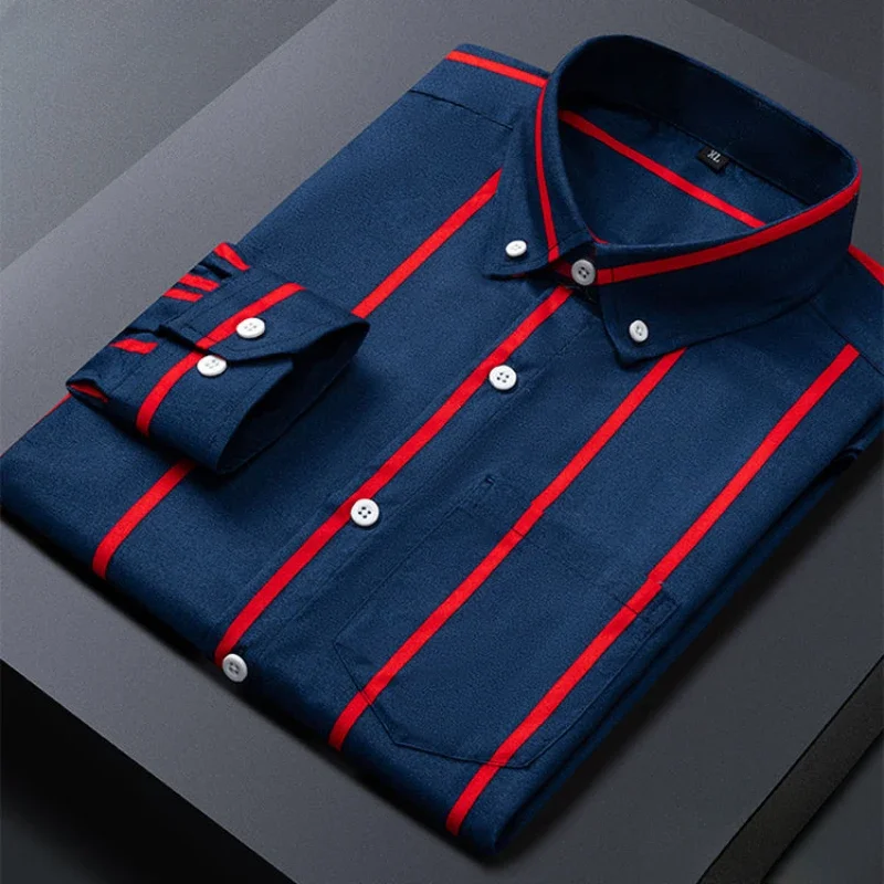 Męskie koszule w paski Formale Casual Printed Plaid Shirt Long Sleeve Slim Fit Botton Down Męska biurowa koszula biznesowa M-5XL