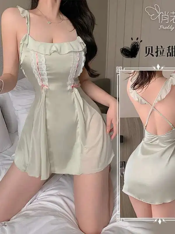 مثير حجم كبير الساتان المرقعة شبكة مثير الحمالات المرأة ملابس المنزل بسيط لون نقي سليم صالح ومضيئة فساتين لطيف QR91 #2