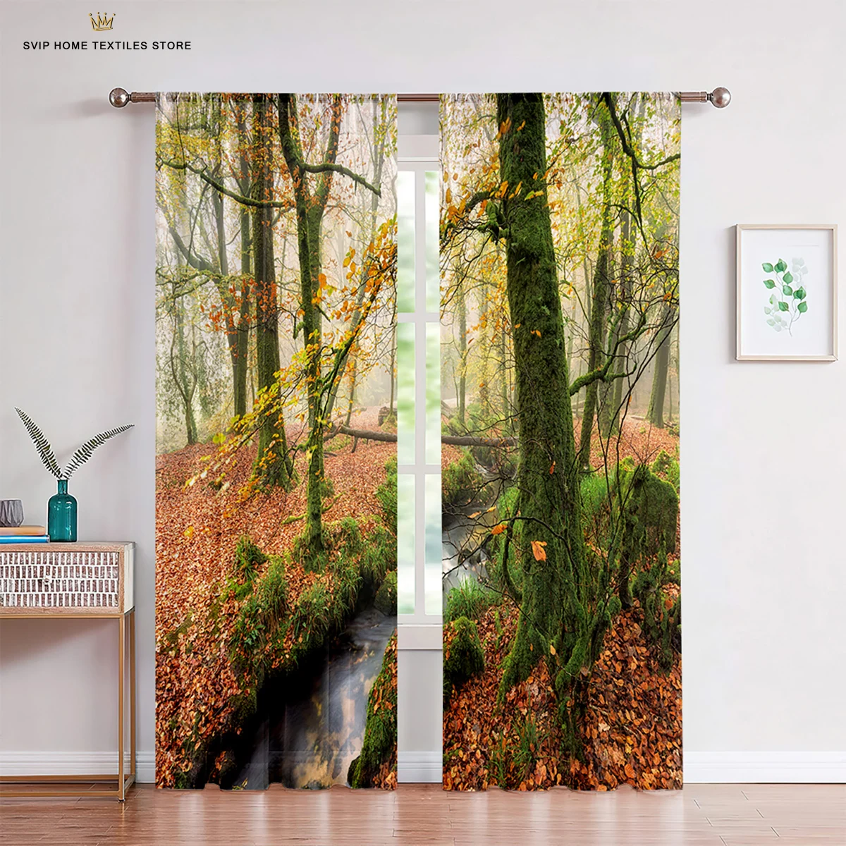 

3D Curtain Tree Scenery for Bedroom, Autumn Forest Sunset Print, Light Curtain, Essential Polyester, 2 Panels