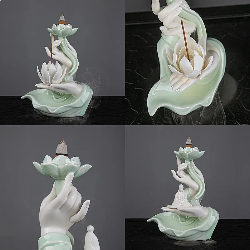 Newest Celadon Backflow Incense Fountain Antique Lotus Incense Burner for Incense Sticks Holder Gothic Decor Zen Bergamot Stove