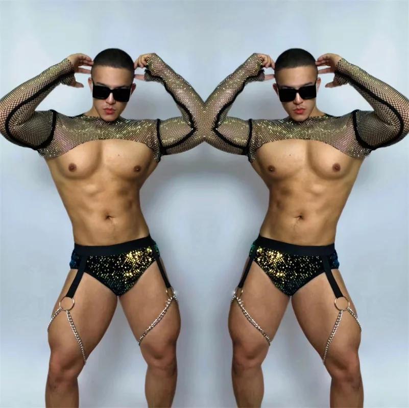 

Men's Sexy Illusion Mesh Muscle Sports Suits Costumes Nightclub Bar Male Singer DJ DS leading Wear Stage Show Party Gogo Costume