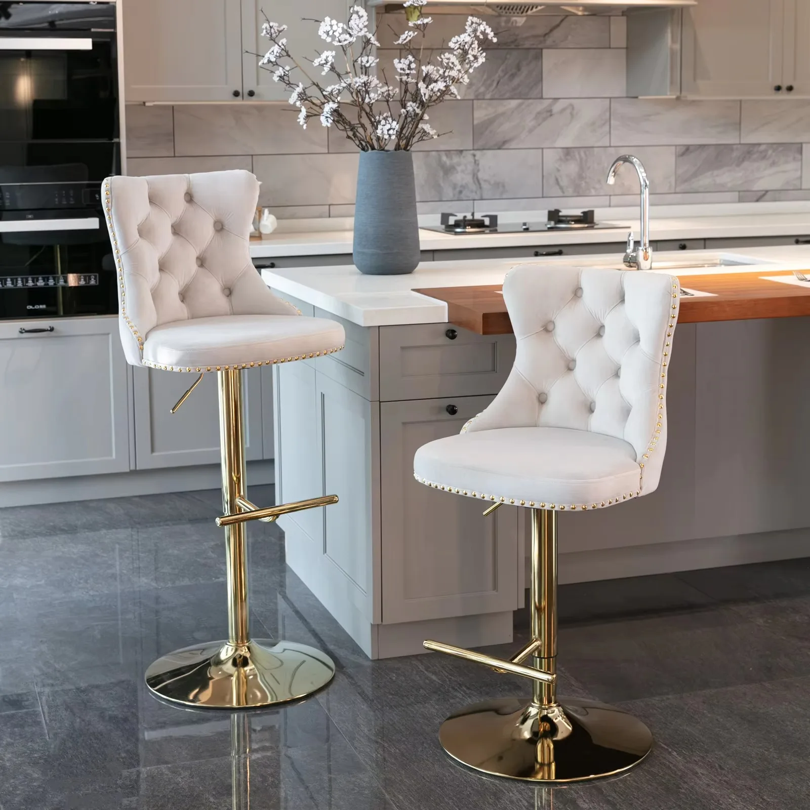 

!@Modern Golden Swivel Velvet Adjustable Seat Height Bar Stool High Back Bar Chair for Home Pub and Kitchen Island