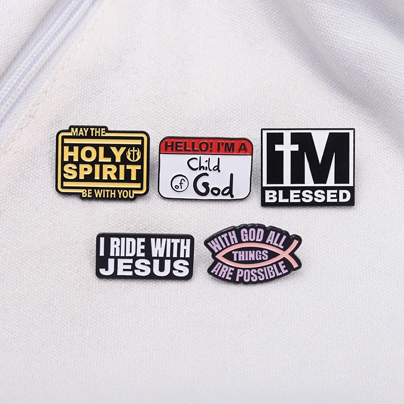 

Hello I'm A Child of God Classic Jesus Quotes Enamel Pins Custom I'm Blessed I Ride With Jesus Brooch Lapel Badge Jewelry Gifts