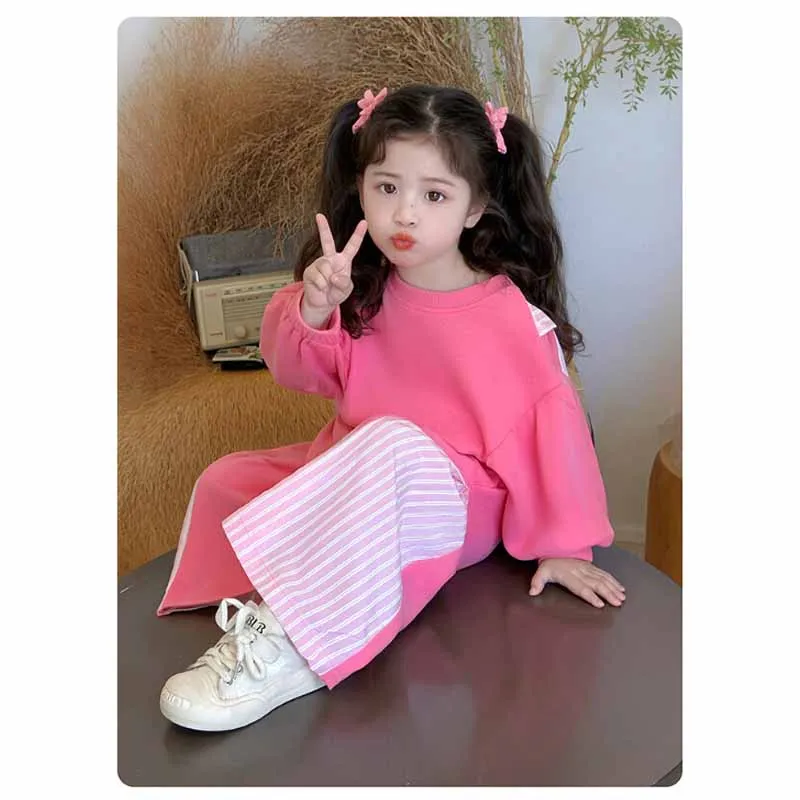 2026 New Girls Bow Tie Set Children Casual Suit Spring Long-Sleeved Striped Sweatshirt Pants 2Pc Kids Loose Outfit Autumn Clothe 5