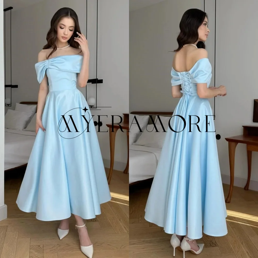 

Simple Off the shoulder Evening Dresses Blue A-Line Tea-Lenght Prom Dresses Customized فساتين سهرة
