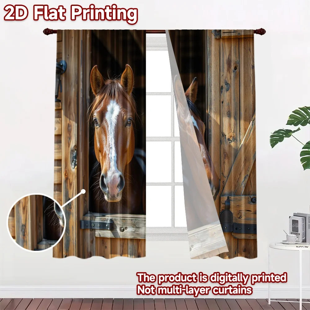 2D flat 2pcs Curtain Country Style Two Horses in Stable Durable polyester fiber Party & Holiday Decor for Door Wall Yard All