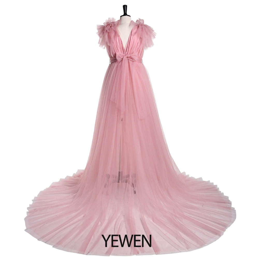 Double V Neck Evening Dress Long Maternity Dress for Photo Shoot Shoulder Ruffles Photography Maxi Gown YEWEN YD217051