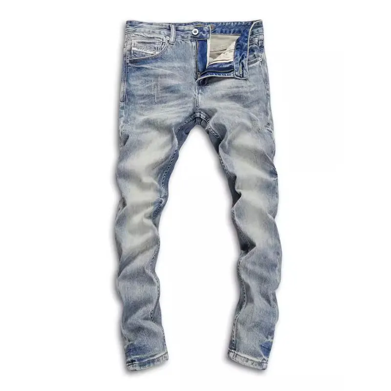 Fashion Designer Men Jeans High Quality Retro Washed Blue Stretch Slim Fit Ripped Jeans Men Vintage Trousers Denim Pants Hombre