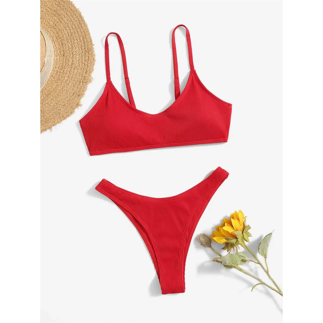 Gerippter Bikini mit hohem Beinausschnitt, Damen-Badeanzug, zweiteiliges Bikini-Set, brasilianischer Schnitt, gepolstert, Badebekleidung, Badeanzug, Modell V7126. – Detail 2