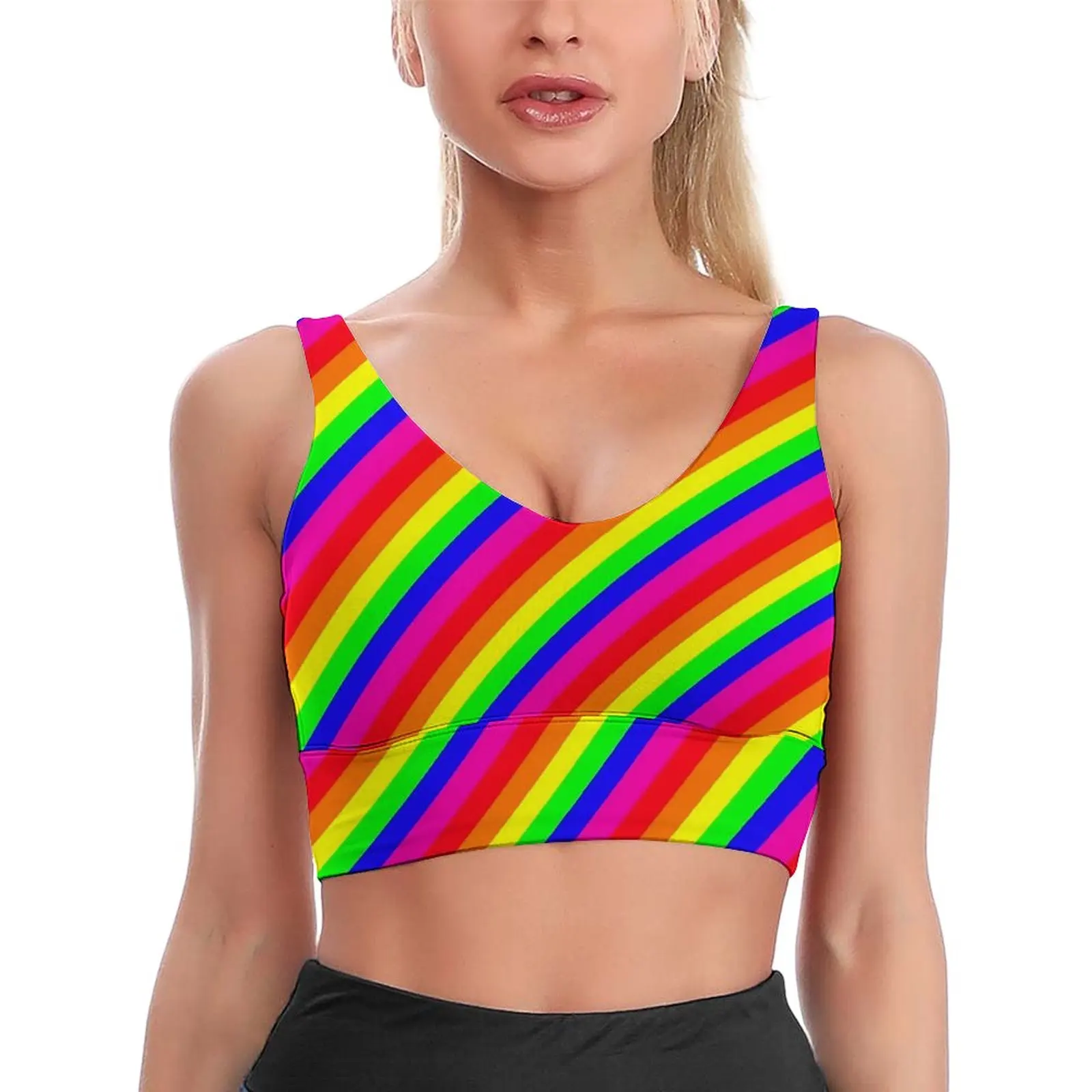 

Rainbow Striped Sport Bra Colorful Lines Print U Neck Fitness Push Up V Back Crop Bras Beach Padded Top for Women