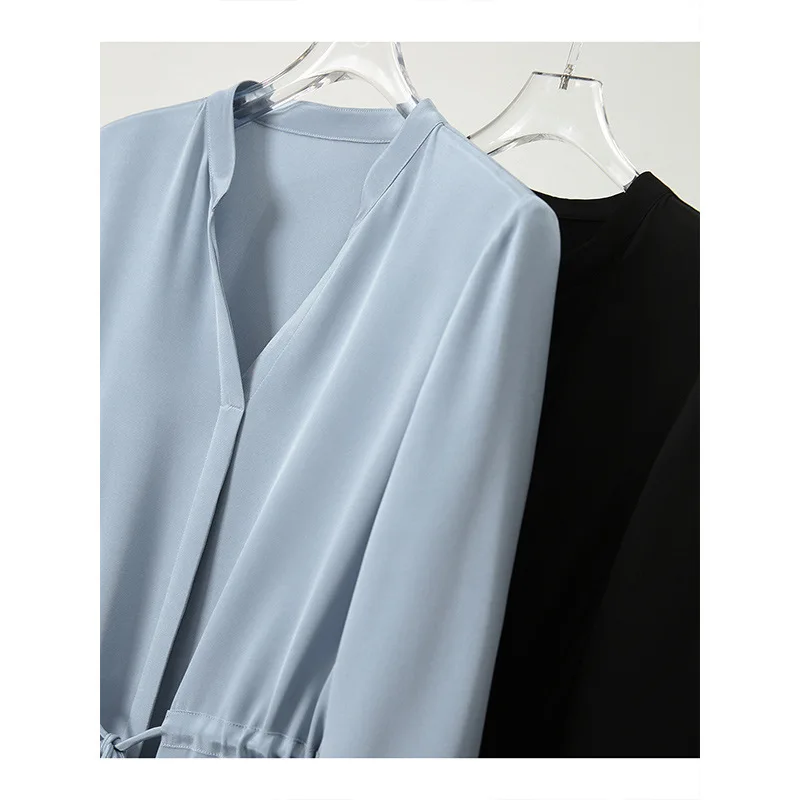 Elastisches Krepp-Seidenkleid für den Sommer, neues Damen-Hemd mit hoher Taille