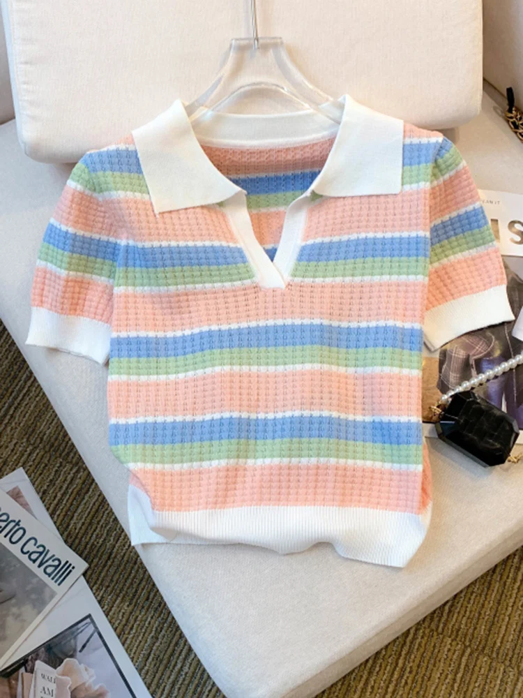 2025 Summer New Rainbow Striped Turn-Down Collar Lady Thin Sweater Short Sleeve Knitted Pullover Women Fashion  Crop Tops Mujer